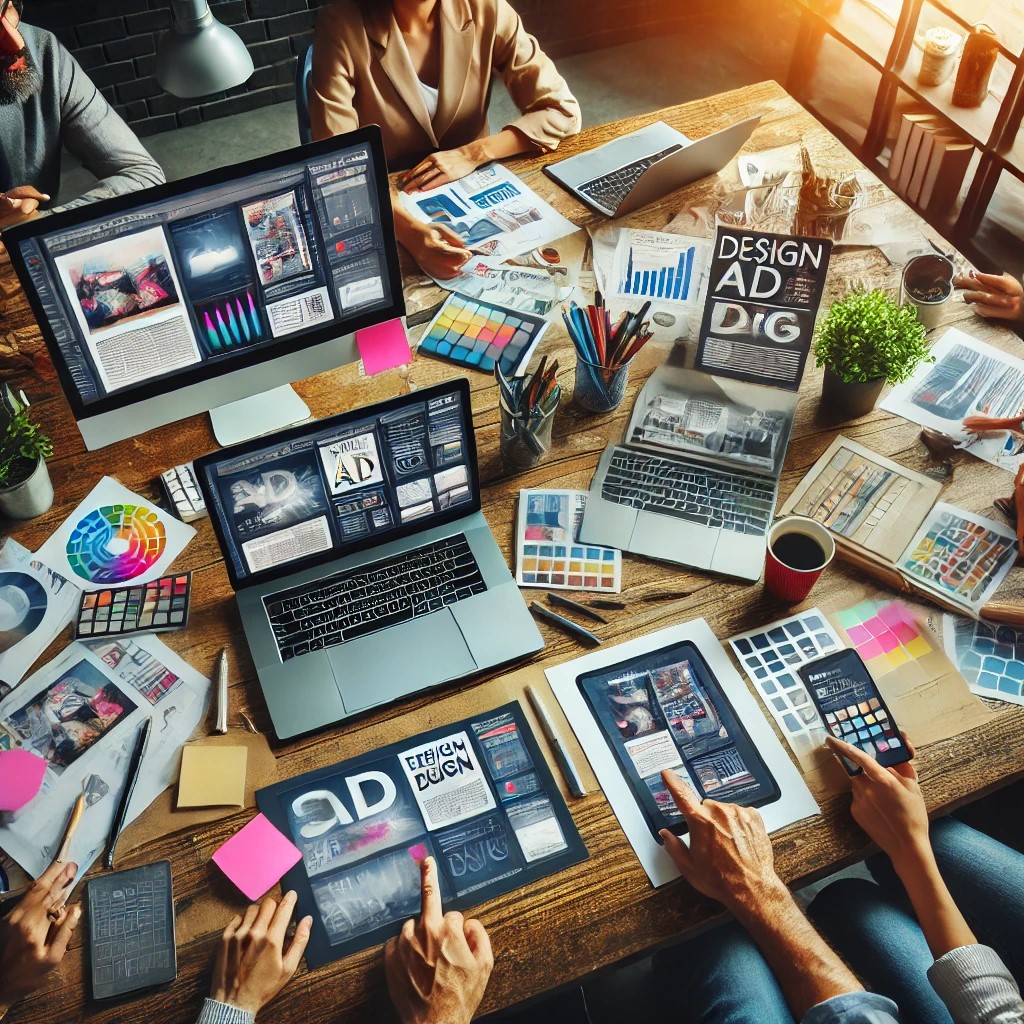 DALL·E 2024 10 03 14.02.34 A creative workspace where a team of designers and marketers are collaborating on a new advertisement. The scene shows a desk with laptops tablets a